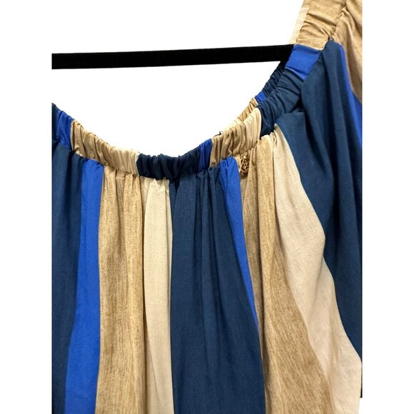 👗 2/$30 👗 Blue & Tan Striped Italian Off Shoulder Above Knee Length Dress sz M - Picture 5 of 9
